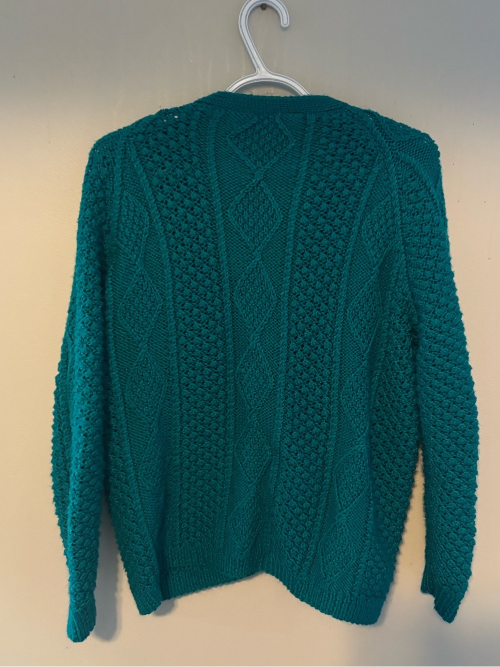 Vintage Handmade Chunky Fisherman Cottagecore Boho Knit Teal Cardigan Large - Picture 5 of 5